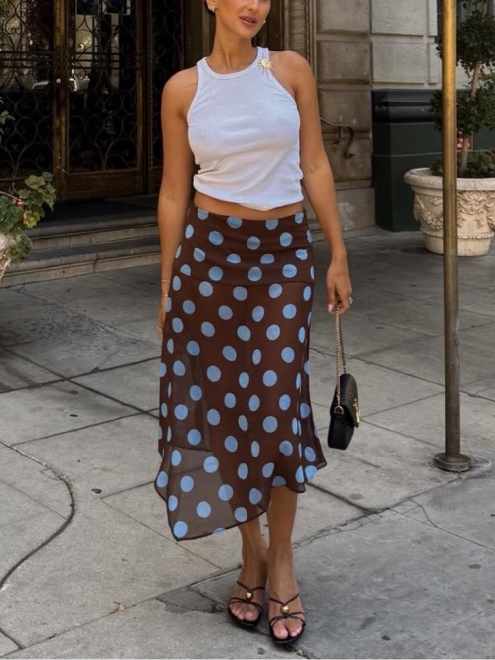 Zara Brown Skirt with Light Blue Polka Dots, Asymmetrical Hem